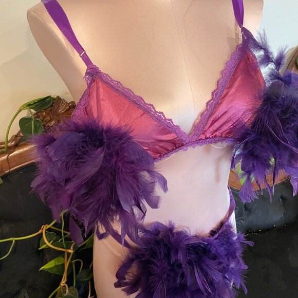 80s Vintage Minor Creations Feather Lace Lingerie 2 Piece Sets High Cut One Size - Picture 2 of 3